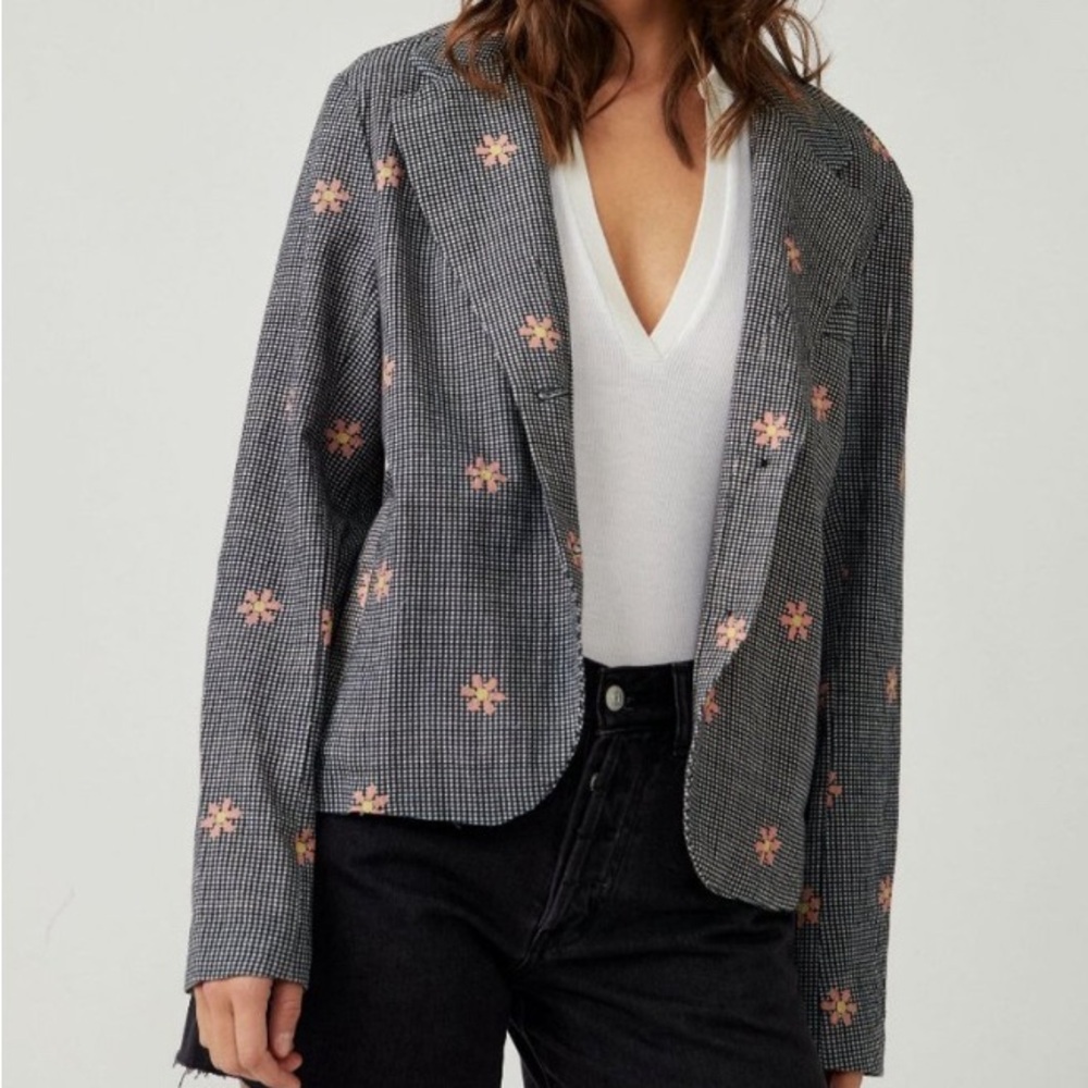 Free People We The Free Cali Printed Blazer Checkered Pink Daisy Size Large